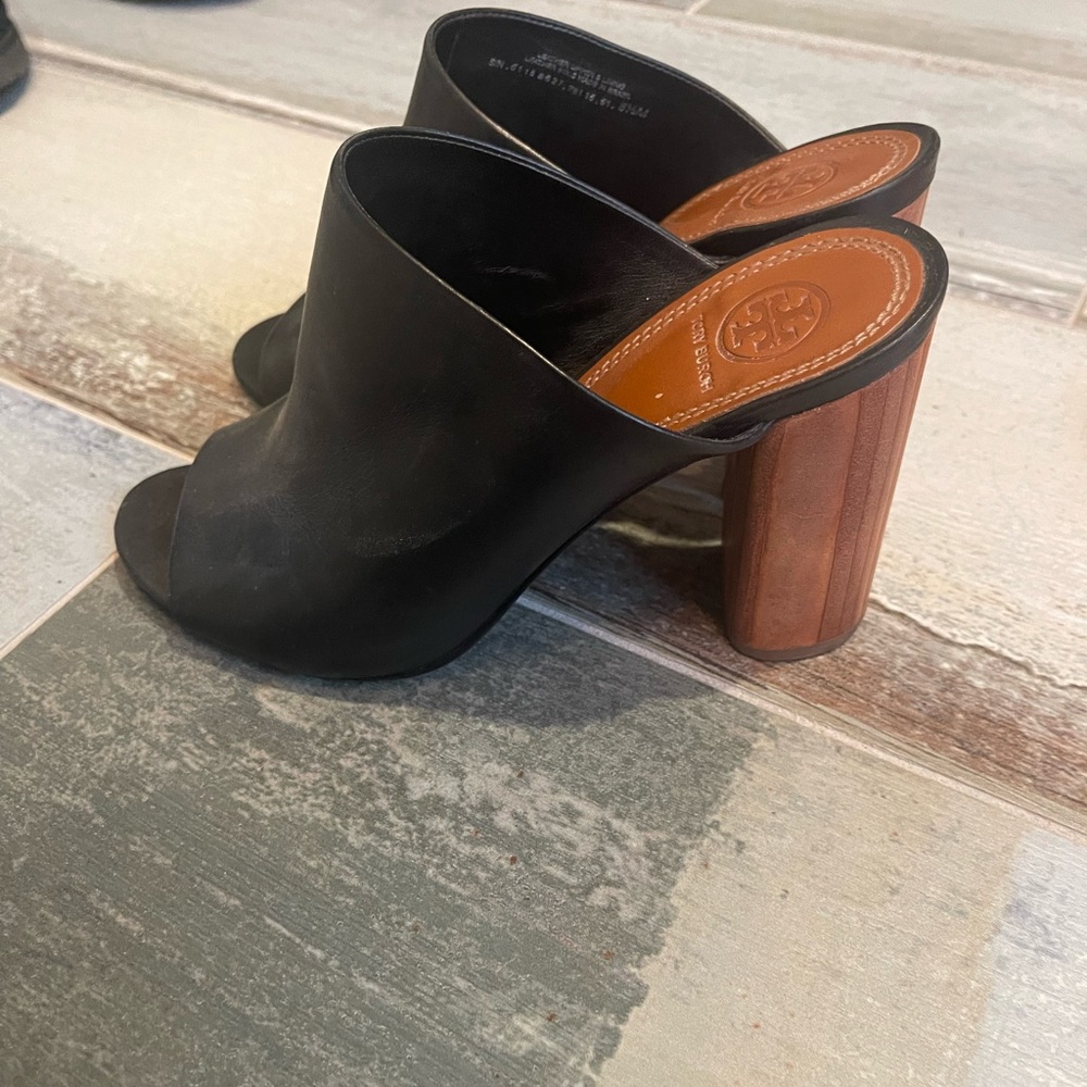 Tory Burch peep toe, block heel, mule sandal